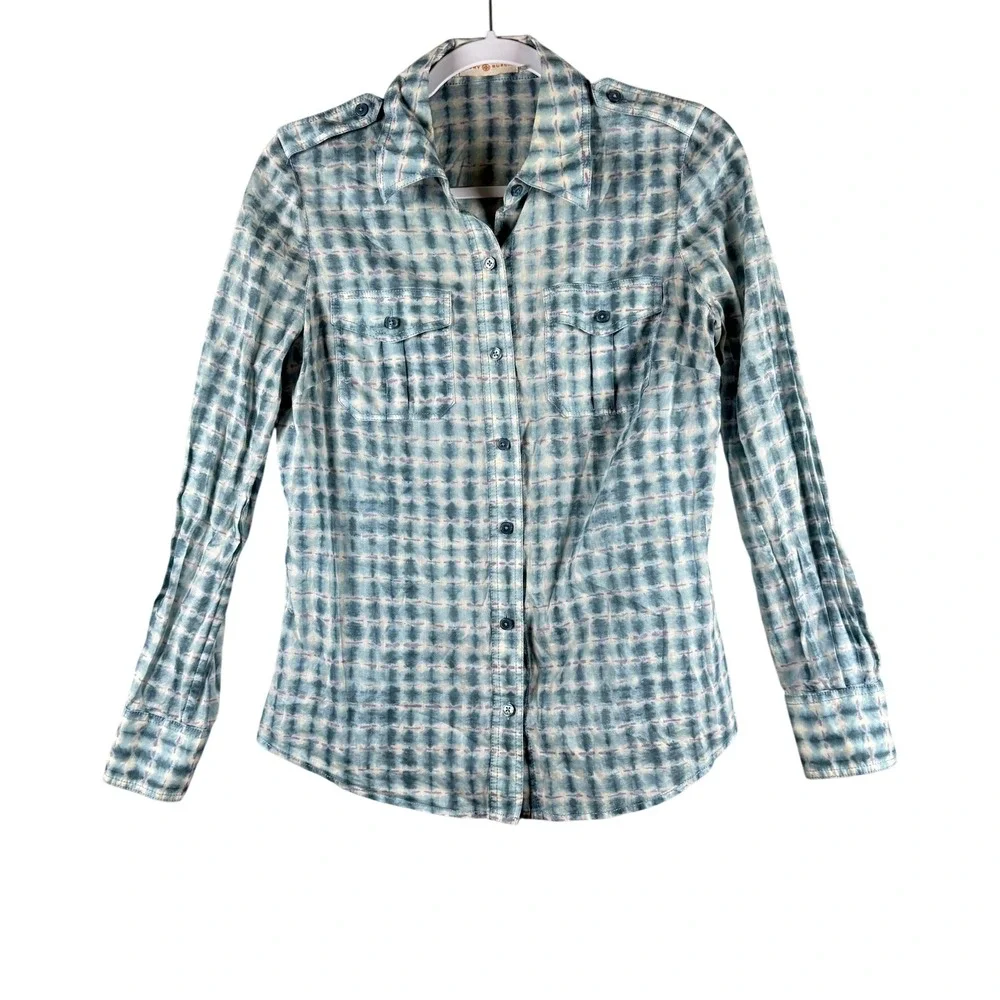 Tory Burch Womens 6 Button Down Shirt Blue Tie Dye Shibori Utility Cotton Blouse